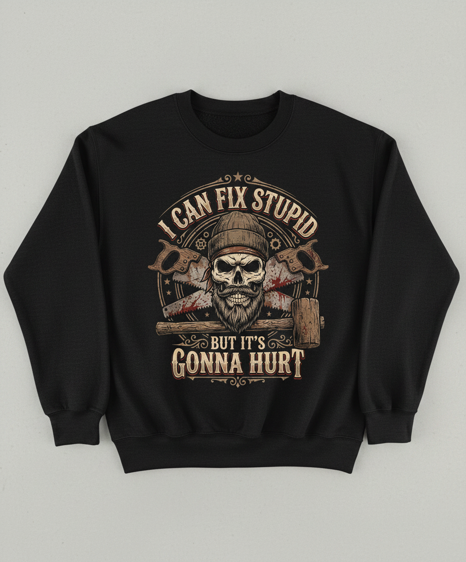 I Can Fix Stupid But It's Gonna Hurt Skull and Saws Sweatshirt - Black