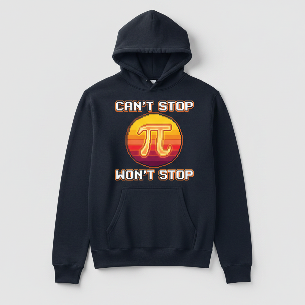 Can't Stop Won't Stop Pi Symbol Retro 8-Bit Math Pun Hoodie - Navy