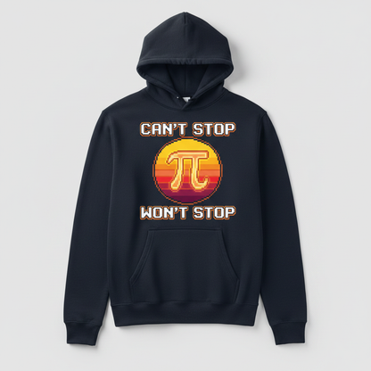 Can't Stop Won't Stop Pi Symbol Retro 8-Bit Math Pun Hoodie - Navy