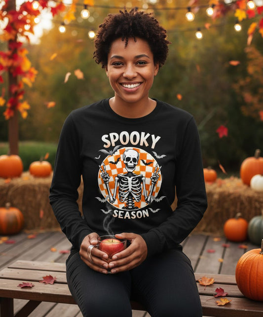 Spooky Season Halloween skeleton Long Sleeve Tee Black lifestyle mockup