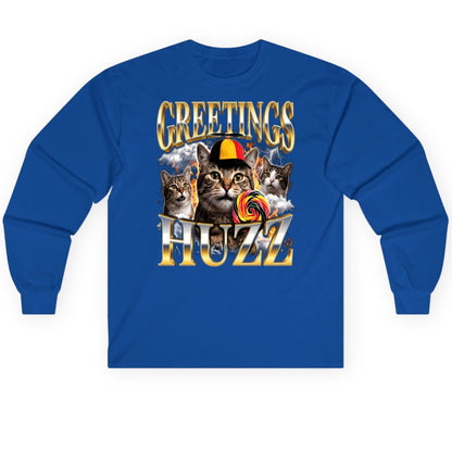 Greetings HUZZ Funny Cats Long Sleeve Tee - product mockup - Royal