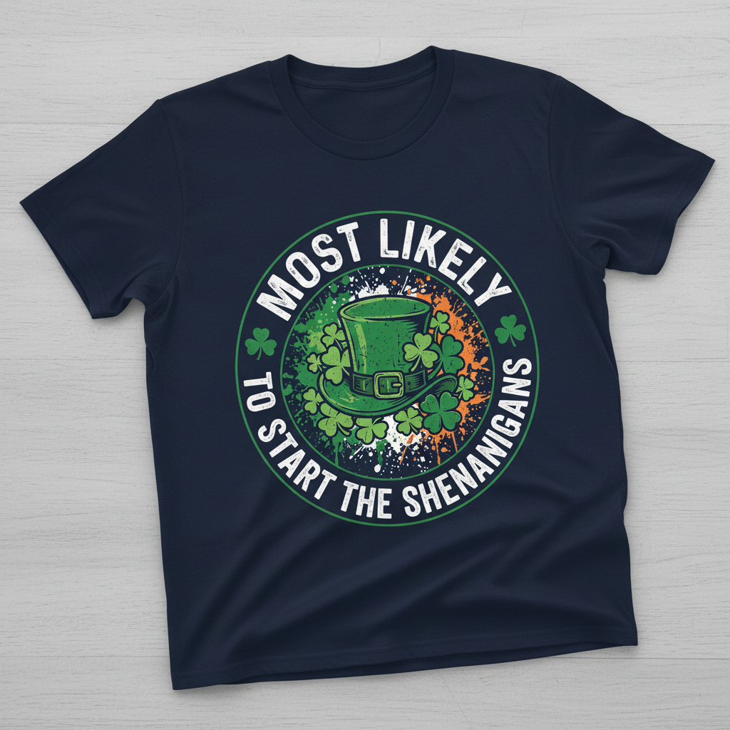 Most Likely To Start The Shenanigans St. Patrick's Day Design T-Shirt - Navy