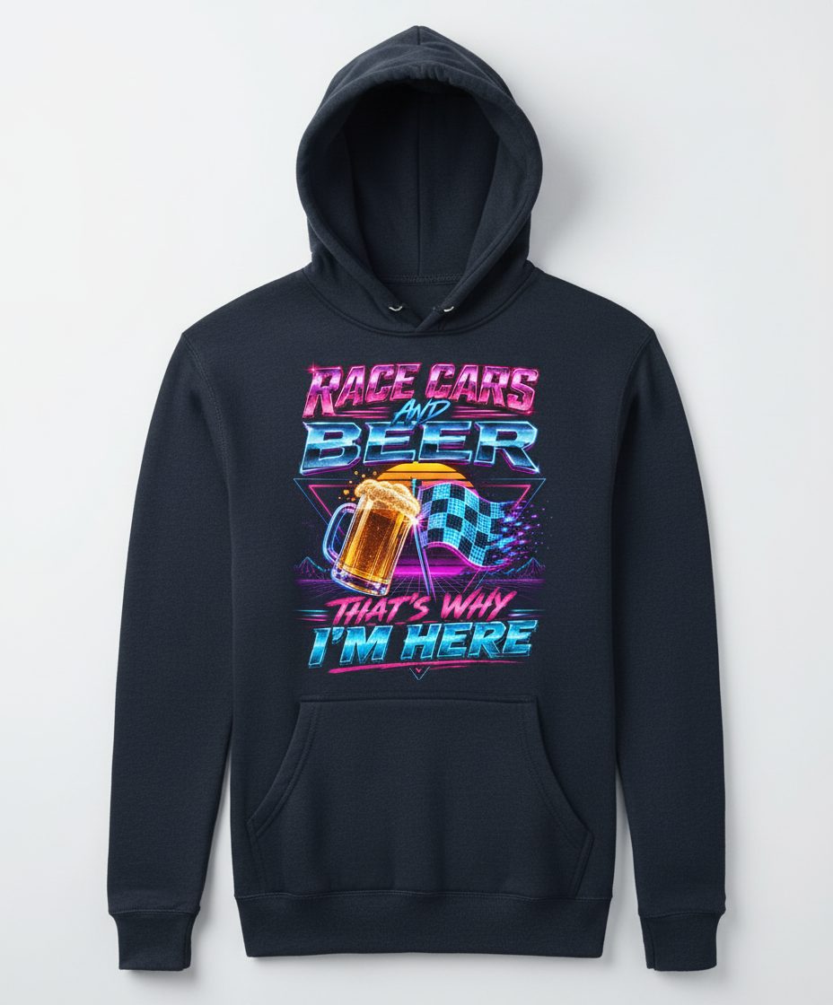 Race Cars and Beer That's Why I'm Here Retro Racing Hoodie - product mockup - Navy