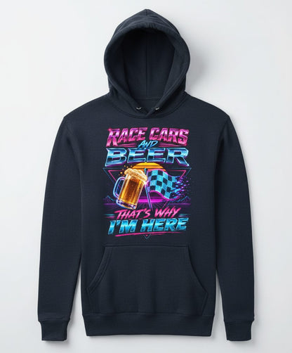 Race Cars and Beer That's Why I'm Here Retro Racing Hoodie - product mockup - Navy