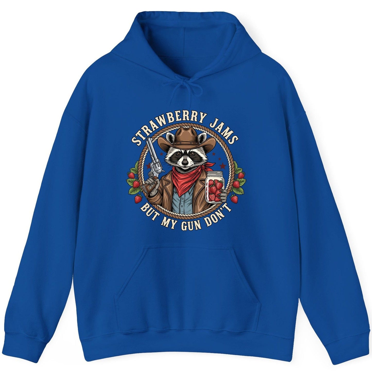 Strawberry Jams but My Gun Don't cowboy raccoon Hoodie Royal product mockup