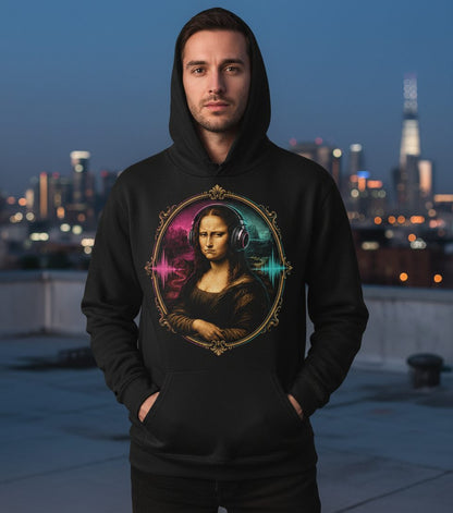 Dj Mona Lisa Art Parody Funny Lovers Hoodie - lifestyle model mockup - Black