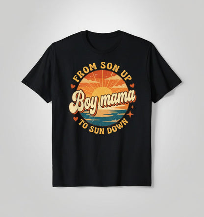 From Son Up to Sun Down Boy Mama Retro Mothers of Sons T-Shirt - product mockup - Black