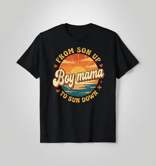 From Son Up to Sun Down Boy Mama Retro Mothers of Sons T-Shirt - product mockup - Black