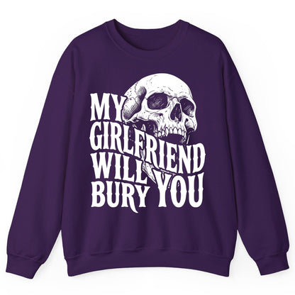 My Girlfriend Will Bury You skull Sweatshirt Purple product mockup