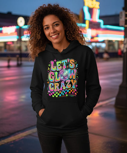 Let's Glow Crazy Retro Party Hoodie - lifestyle model mockup - Black