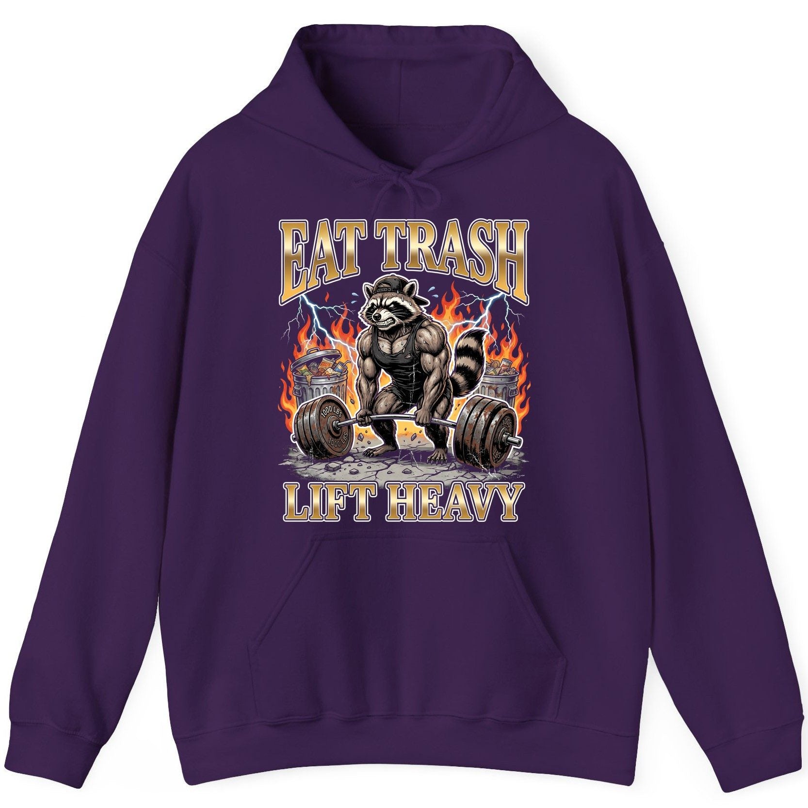 Eat Trash Lift Heavy weightlifting raccoon Hoodie Purple product mockup