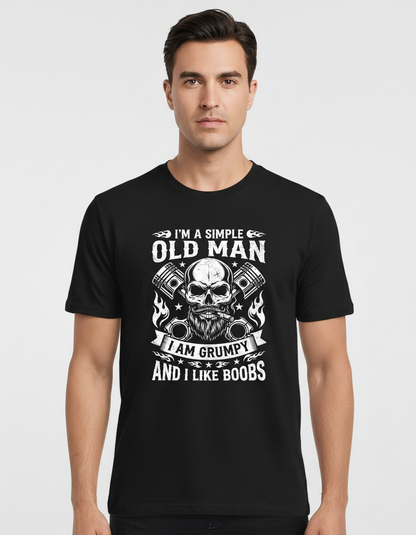 I'm A Simple Old Man I Am Grumpy And I Like Boobs Skull Pistons T-Shirt - Black