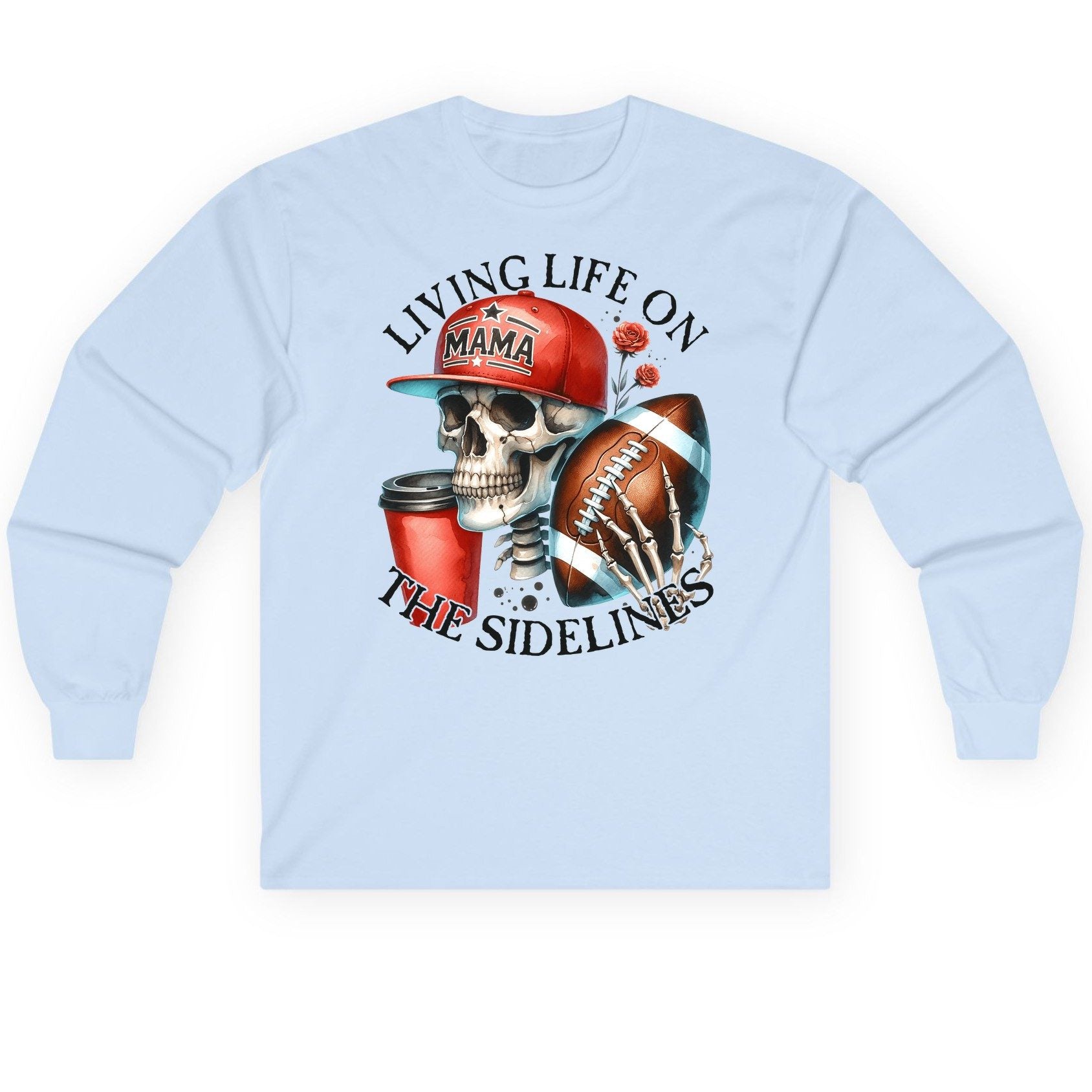 Living Life on the Sidelines football mama Long Sleeve Tee Light Blue product mockup
