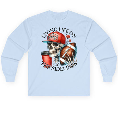 Living Life on the Sidelines football mama Long Sleeve Tee Light Blue product mockup