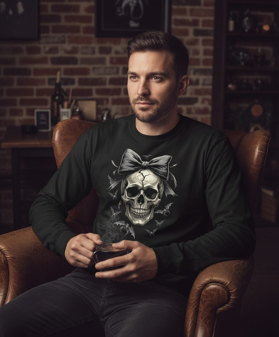 Gothic Skull with Bow gothic skull Long Sleeve Tee Black lifestyle mockup