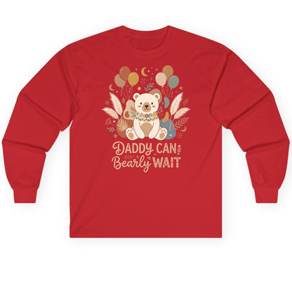 Daddy Can Bearly Wait Baby Shower Long Sleeve Tee - product mockup - Red