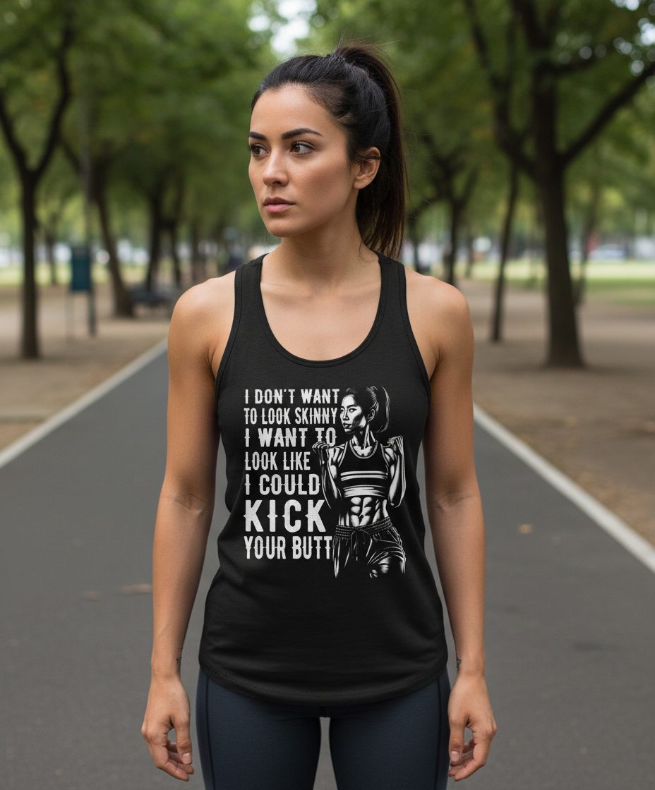 I Don't Want to Look Skinny I Want to Look Like I Could Kick Your Butt women's fitness Tank Top Black lifestyle mockup