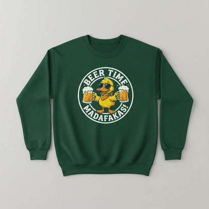 BEER TIME MADAFFAKAS! Funny Duck drinking beer Beer Time Madafakas Duck Sweatshirt - product mockup - Forest Green