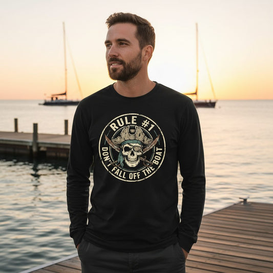 Rule 1 Don't Fall Off the Boat pirate Long Sleeve Tee Black lifestyle mockup