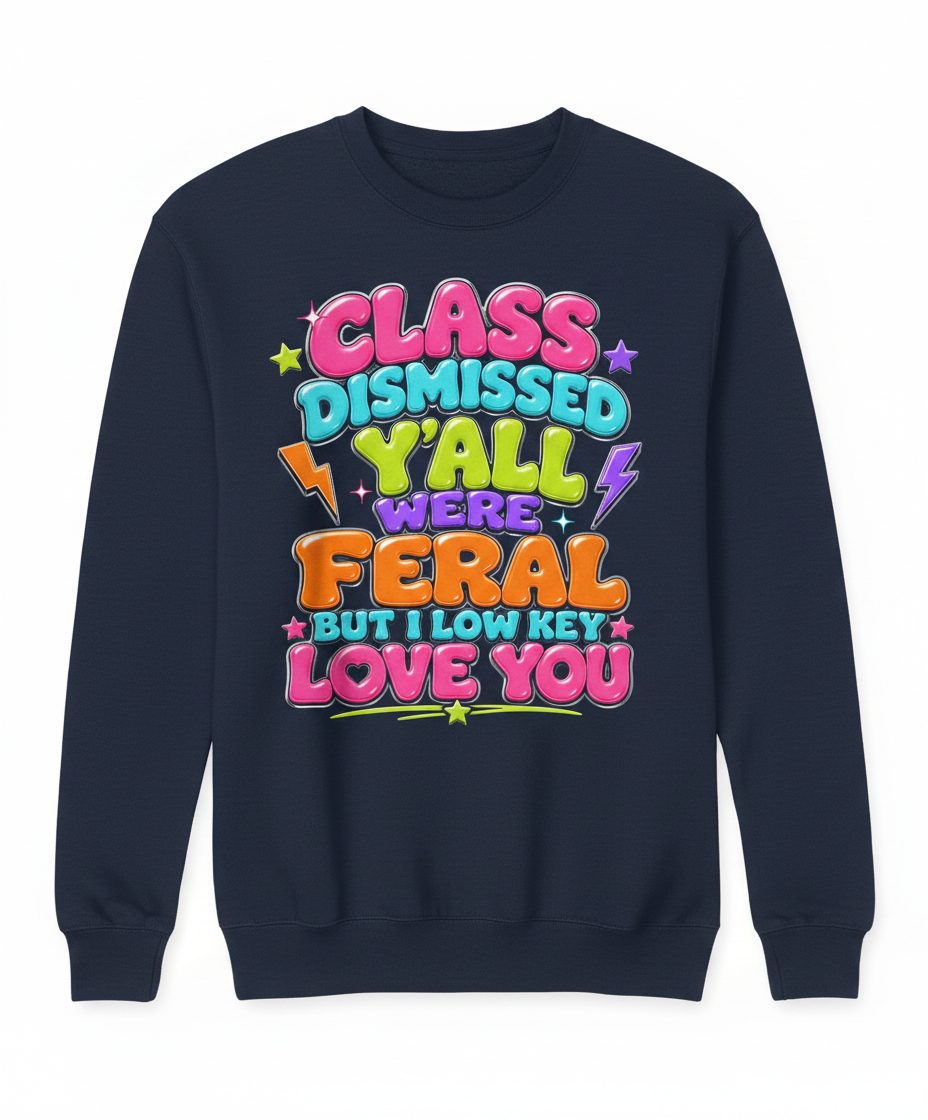 Class Dismissed Y'all Were Feral but I Low Key Love You Sweatshirt - product mockup - Navy