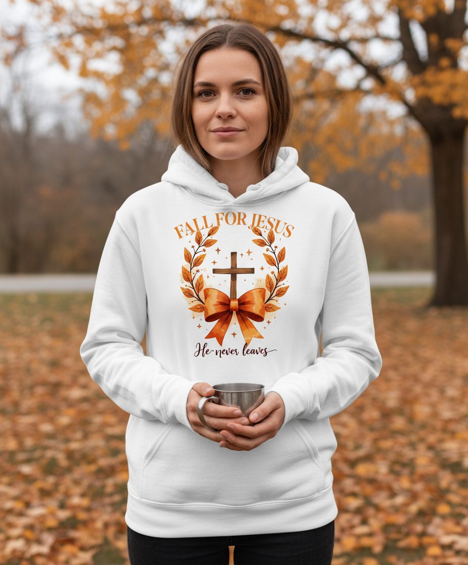 Fall for Jesus He Never Leaves christian faith Hoodie White lifestyle mockup