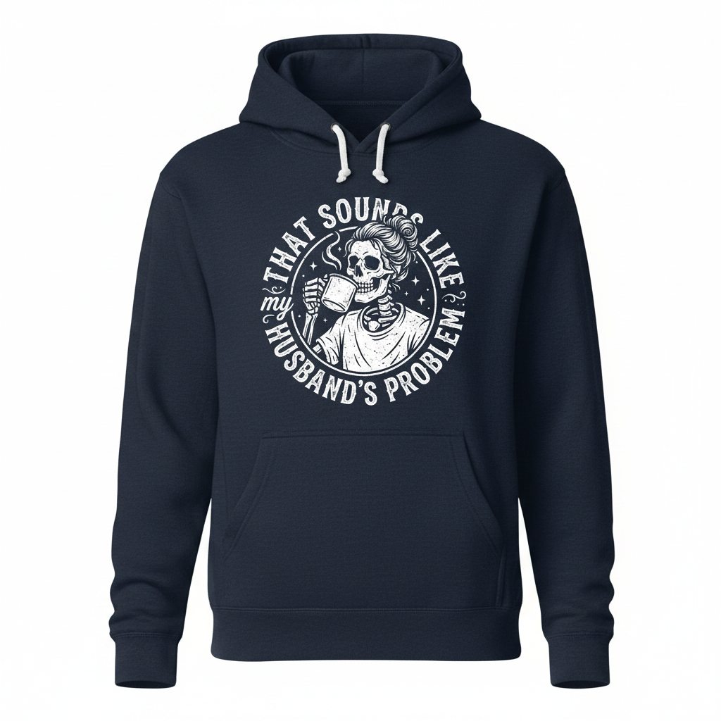 Skeleton Wife Drinking Coffee 'Husband's Problem' Design Hoodie - Navy