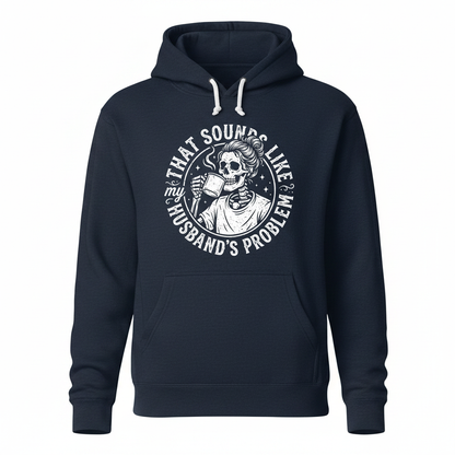 Skeleton Wife Drinking Coffee 'Husband's Problem' Design Hoodie - Navy