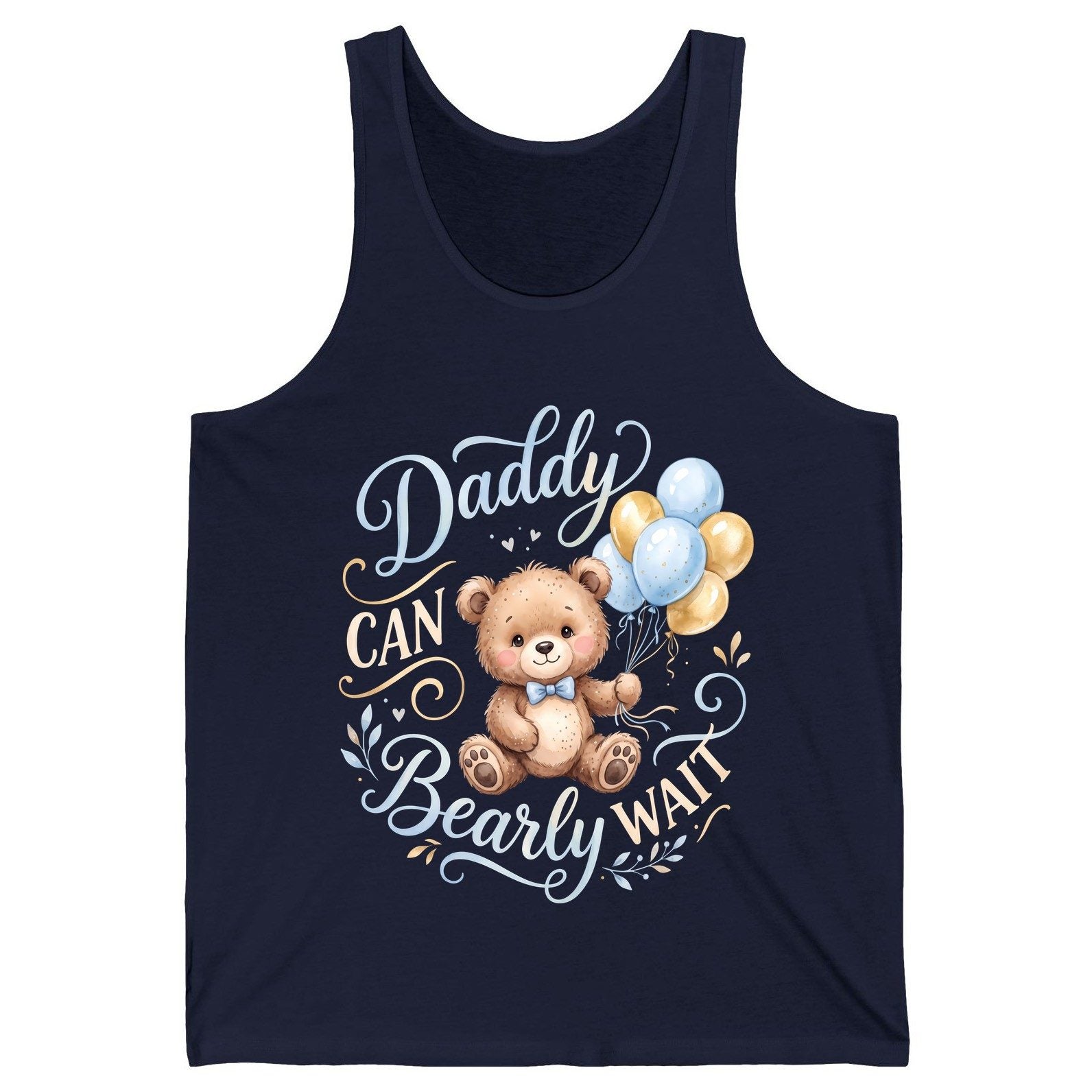 Daddy CAN Bearly WAIT Teddy Bear Tank Top - product mockup - Navy