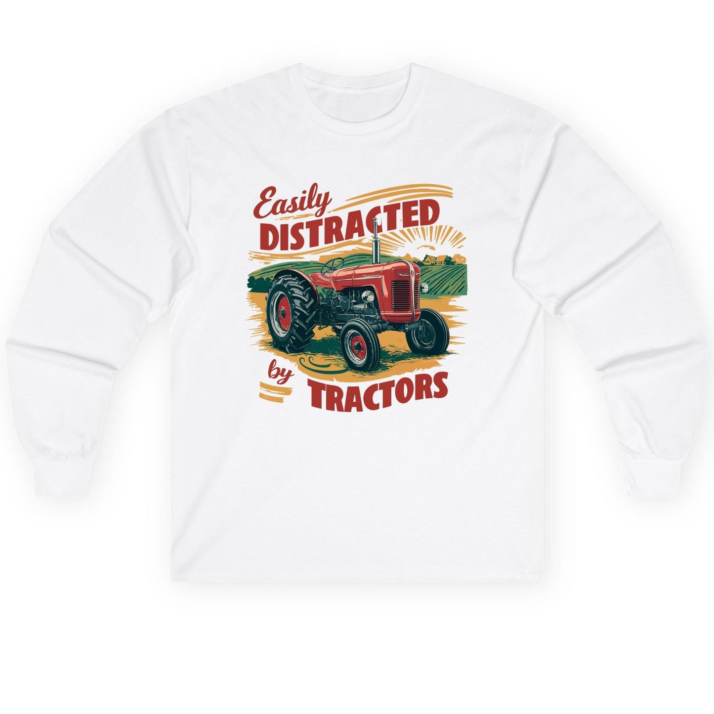 Easily Distracted by Tractors vintage tractor Long Sleeve Tee White product mockup