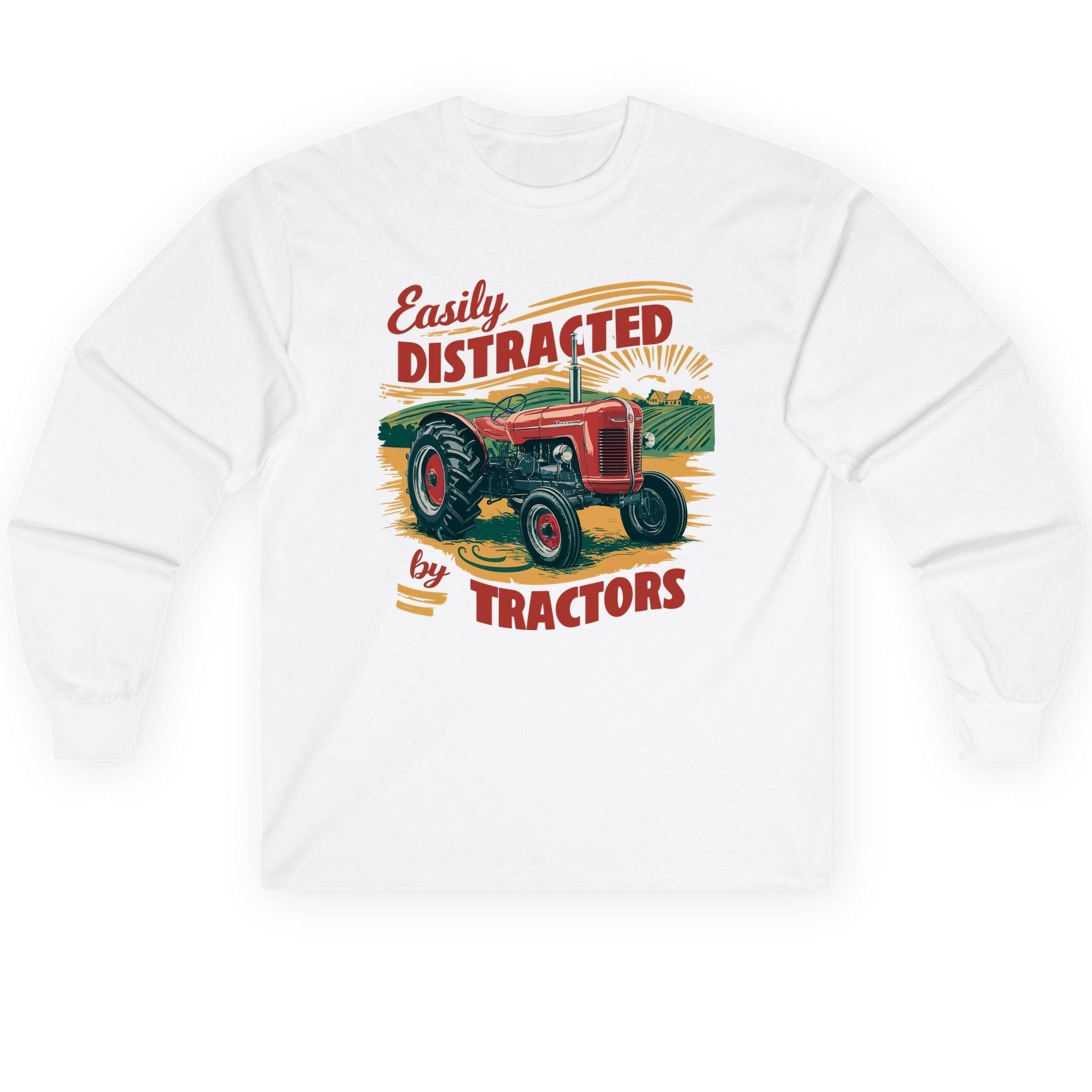 Easily Distracted by Tractors vintage tractor Long Sleeve Tee White product mockup