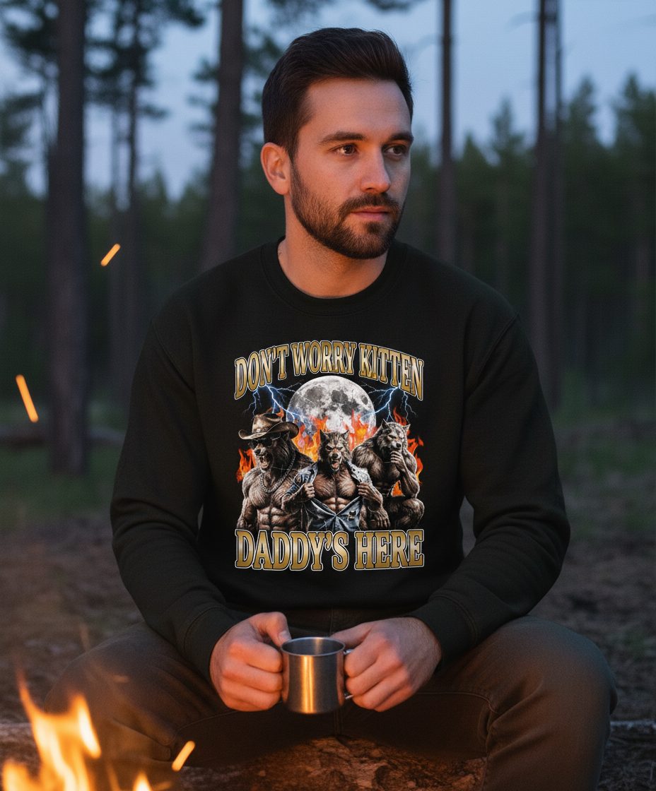 Don't Worry Kitten Daddy's Here werewolves Sweatshirt Black lifestyle mockup