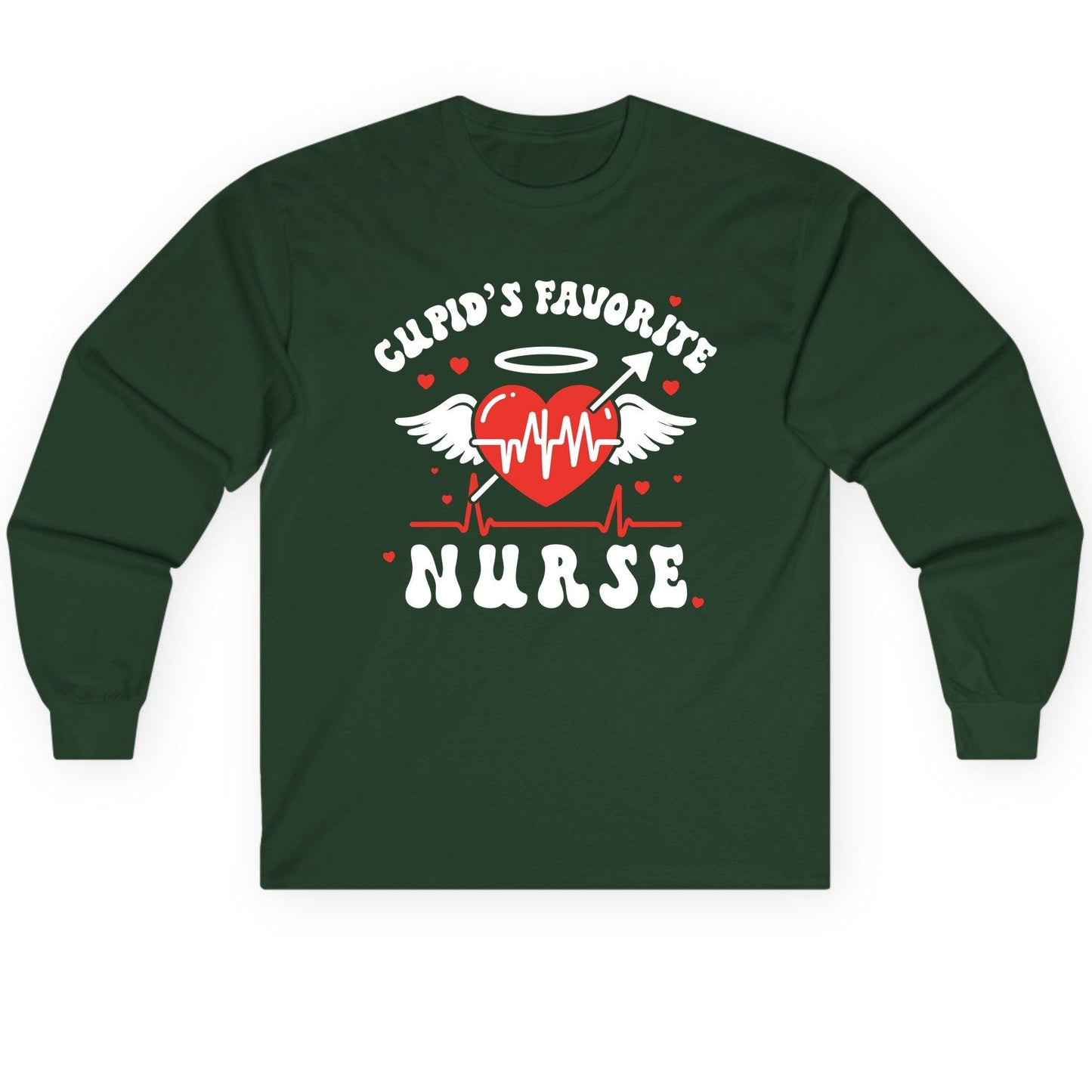 Cupid's Favorite Nurse nursing Long Sleeve Tee Forest Green product mockup