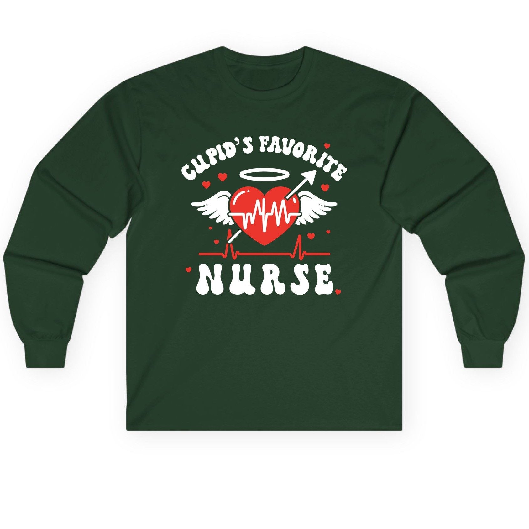 Cupid's Favorite Nurse nursing Long Sleeve Tee Forest Green product mockup