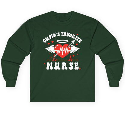 Cupid's Favorite Nurse nursing Long Sleeve Tee Forest Green product mockup