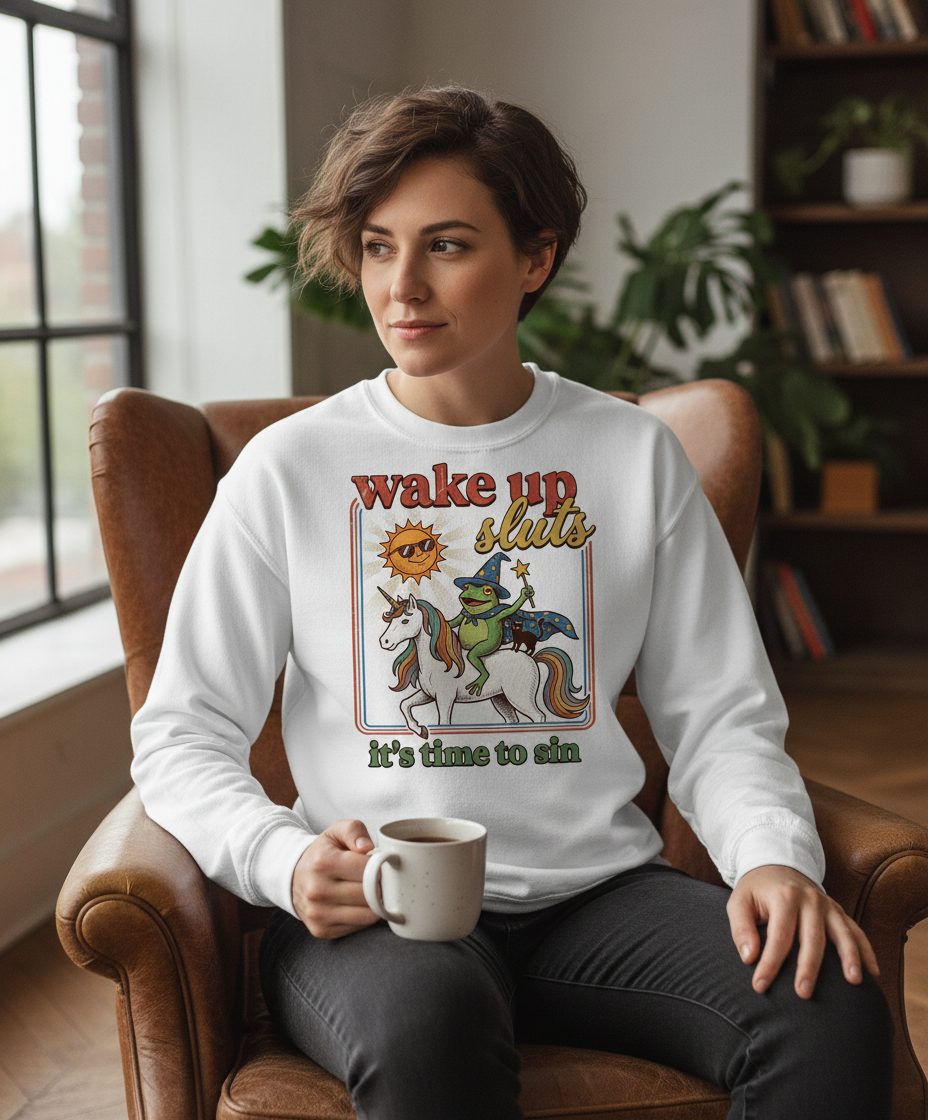 Wake Up Sluts It's Time to Sin Funny Wizard Frog Sweatshirt - lifestyle model mockup - White