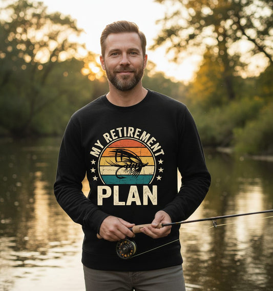 My Retirement Plan fly fishing Sweatshirt Black lifestyle mockup