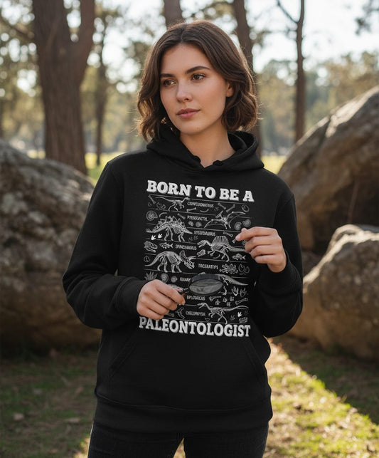 Born to Be a Paleontologist dinosaur skeletons Hoodie Black lifestyle mockup