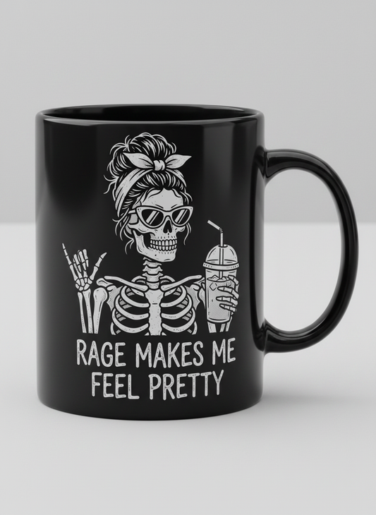 Rage Makes Me Feel Pretty Skeleton Messy Bun Black Mug - Black