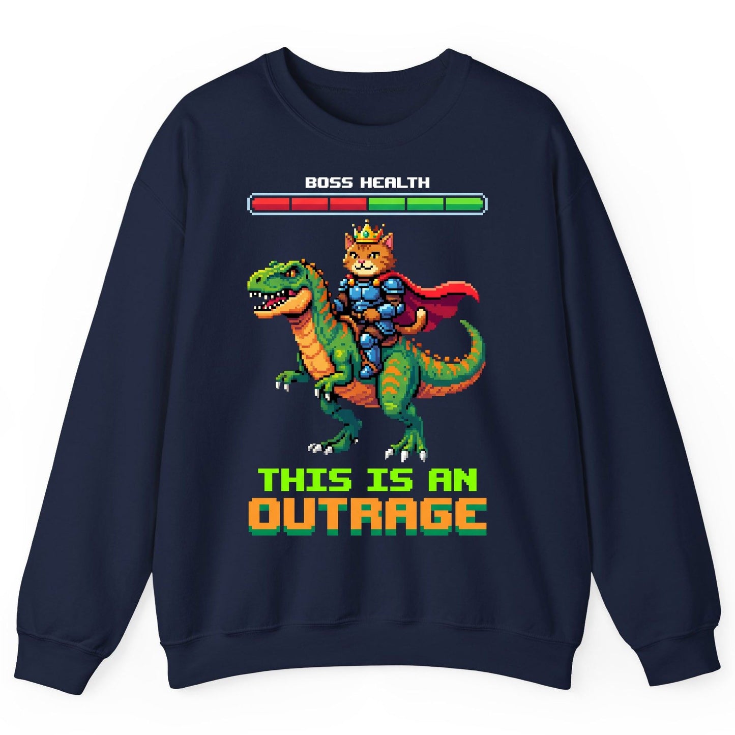 THIS IS AN OUTRAGE Cat riding a dinosaur Sweatshirt Navy product mockup