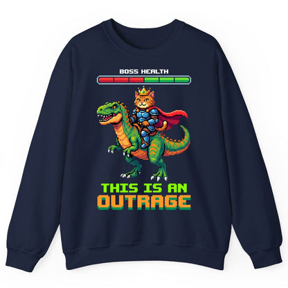 THIS IS AN OUTRAGE Cat riding a dinosaur Sweatshirt Navy product mockup