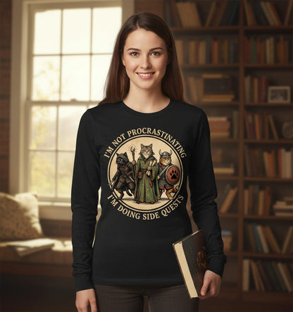 I'm Not Procrastinating I'm Doing Side Quests rpg cats Long Sleeve Tee Black lifestyle mockup