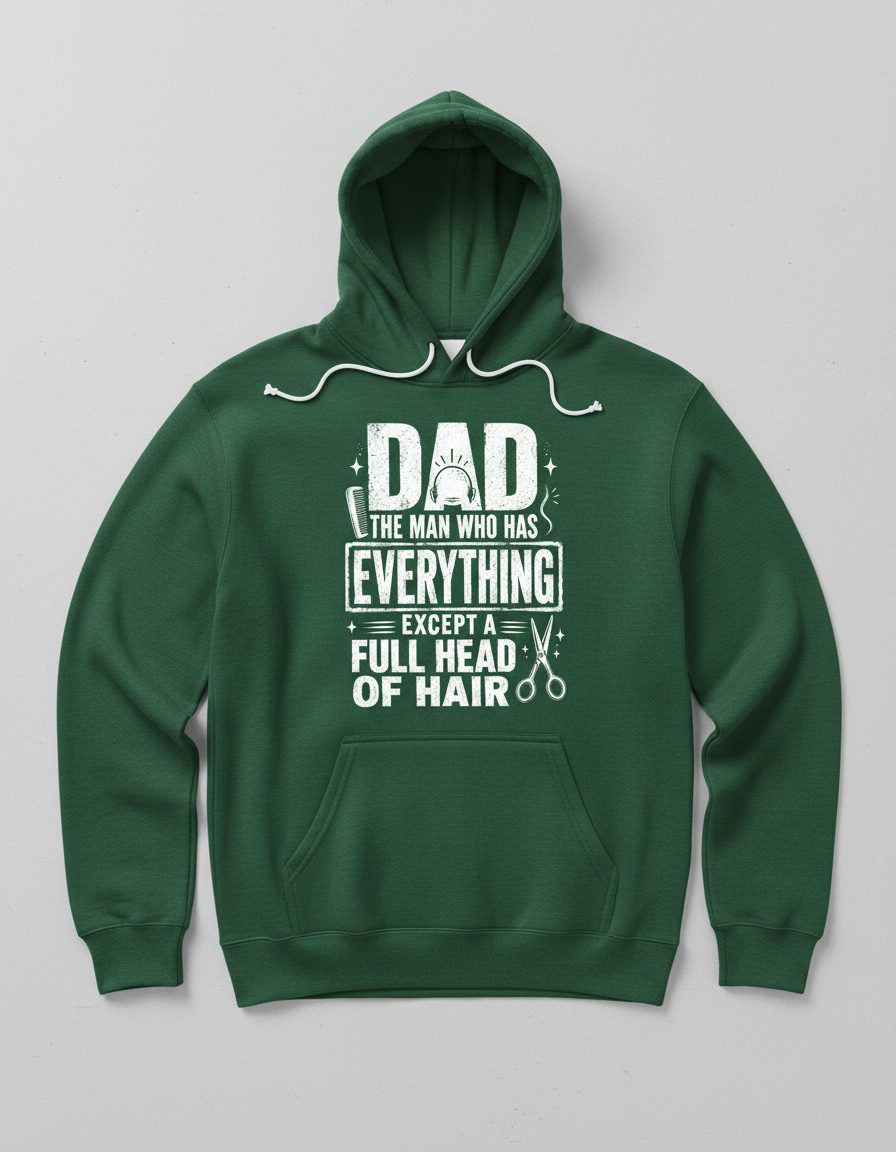 Dad the Man Who Has Everything Except a Full Head of Hair Funny Humor Hoodie - product mockup - Forest Green