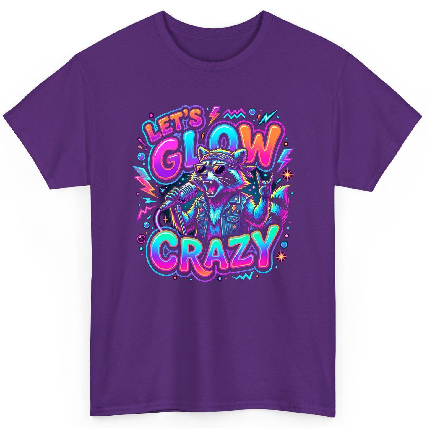 Let's Glow Crazy Funny Rockstar Raccoon T-Shirt - product mockup - Purple