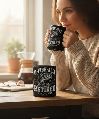 O-Fish-Ally Retired EST 2027 Funny Fishing Black Mug - lifestyle model mockup - Black