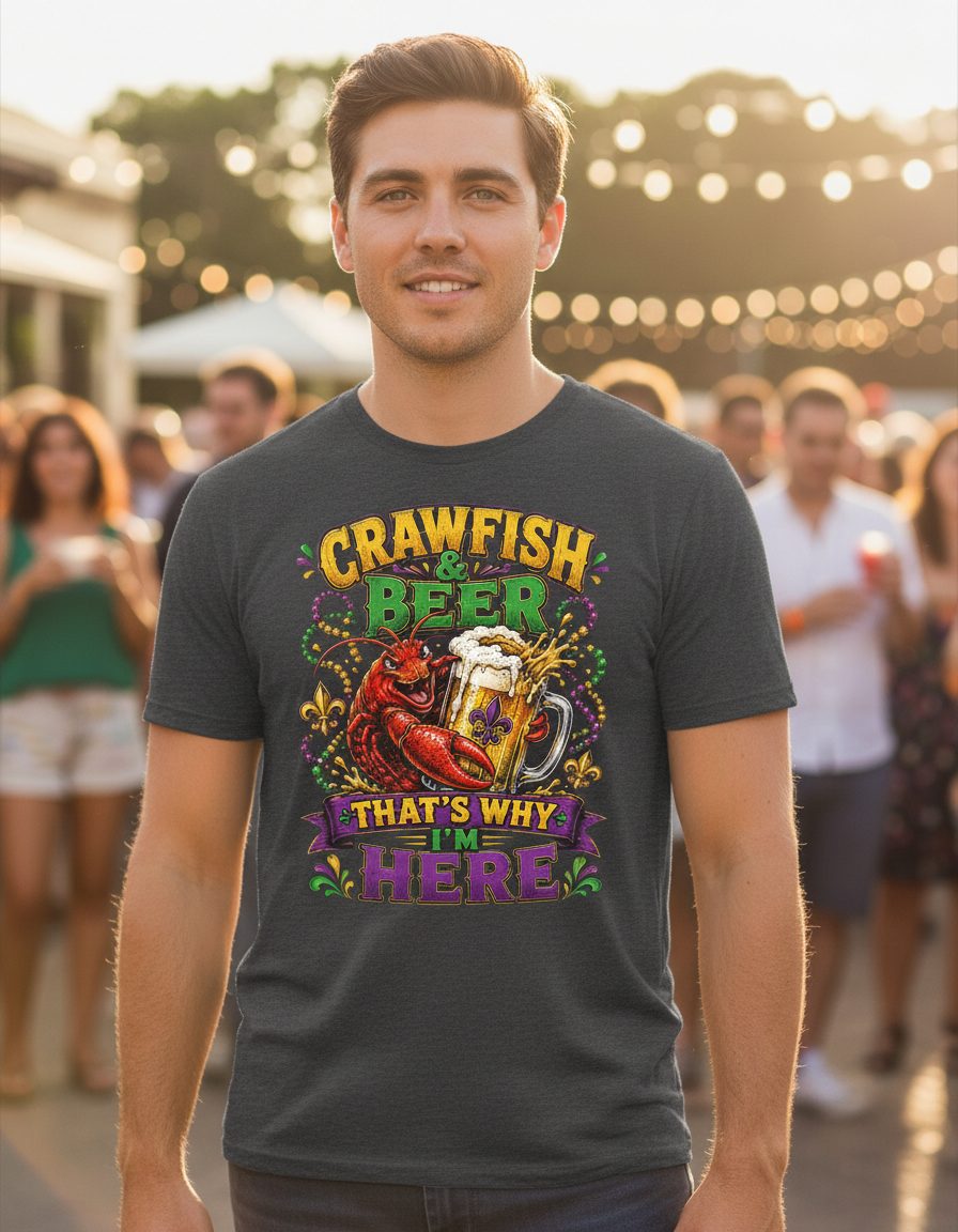 Crawfish & Beer That's Why I'm Here Funny Boil T-Shirt - product mockup - Dark Heather