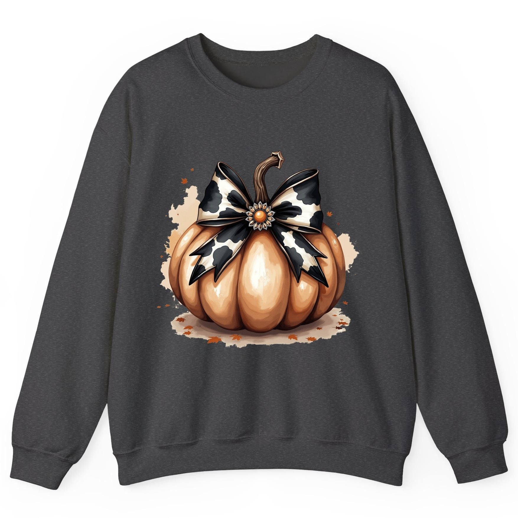 Cow Print Bow Pumpkin pumpkin Sweatshirt Dark Heather product mockup