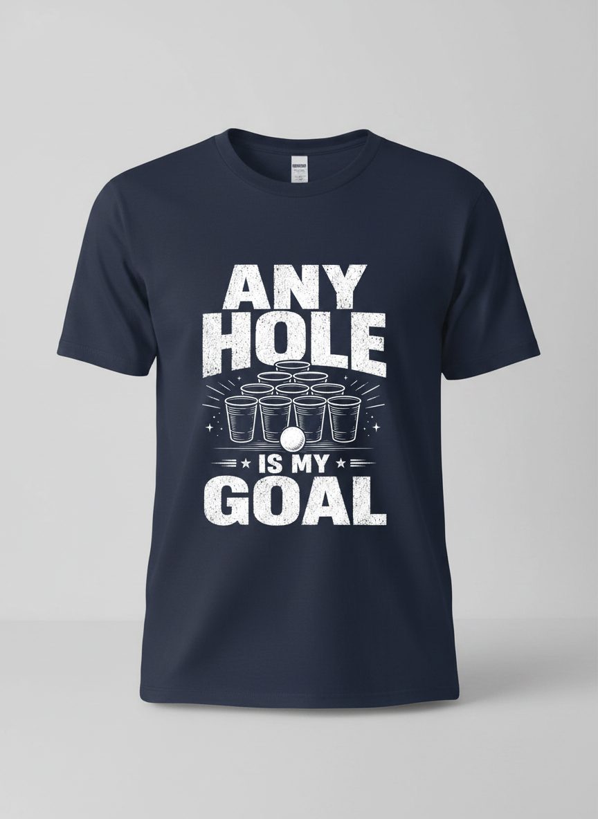 Any Hole Is My Goal Funny Beer Pong T-Shirt - product mockup - Navy