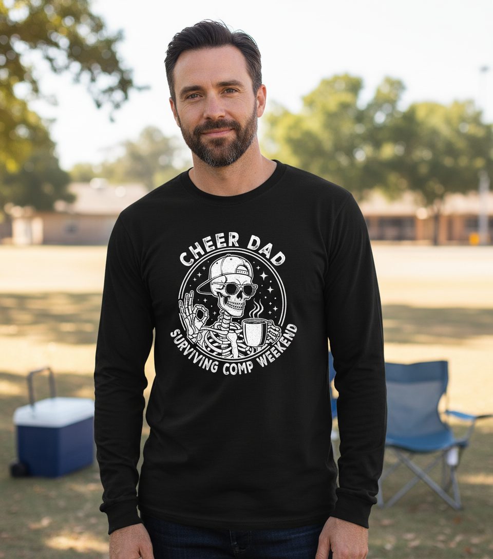 Cheer Dad Surviving Comp Weekend cheer dad Long Sleeve Tee Black lifestyle mockup