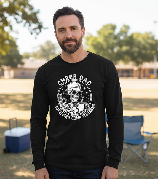 Cheer Dad Surviving Comp Weekend cheer dad Long Sleeve Tee Black lifestyle mockup