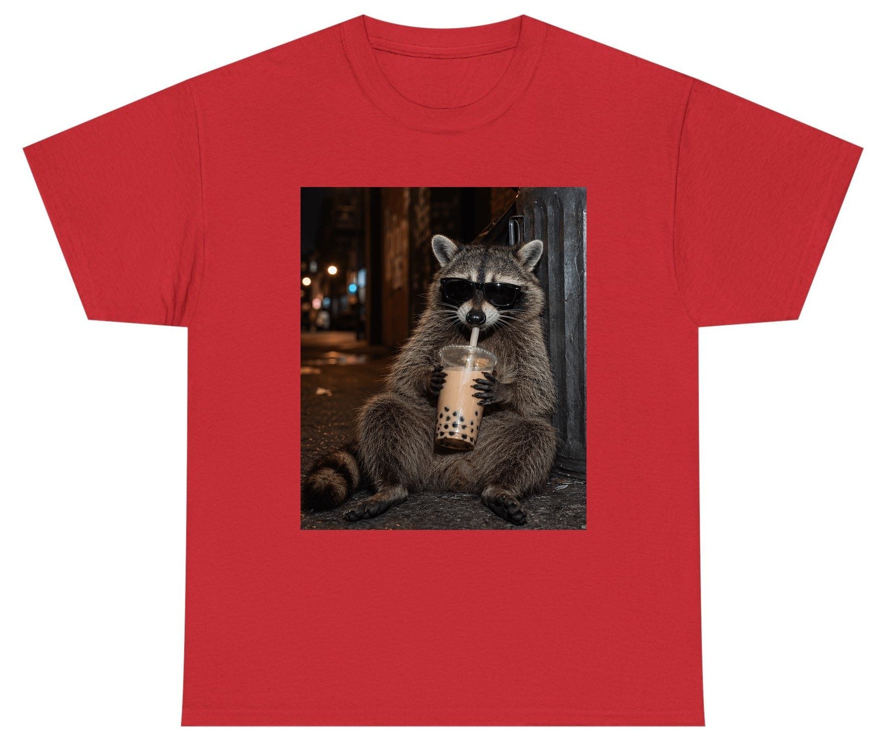 Cool Raccoon Bubble Tea Funny Lovers Youth T-Shirt - product mockup - Red